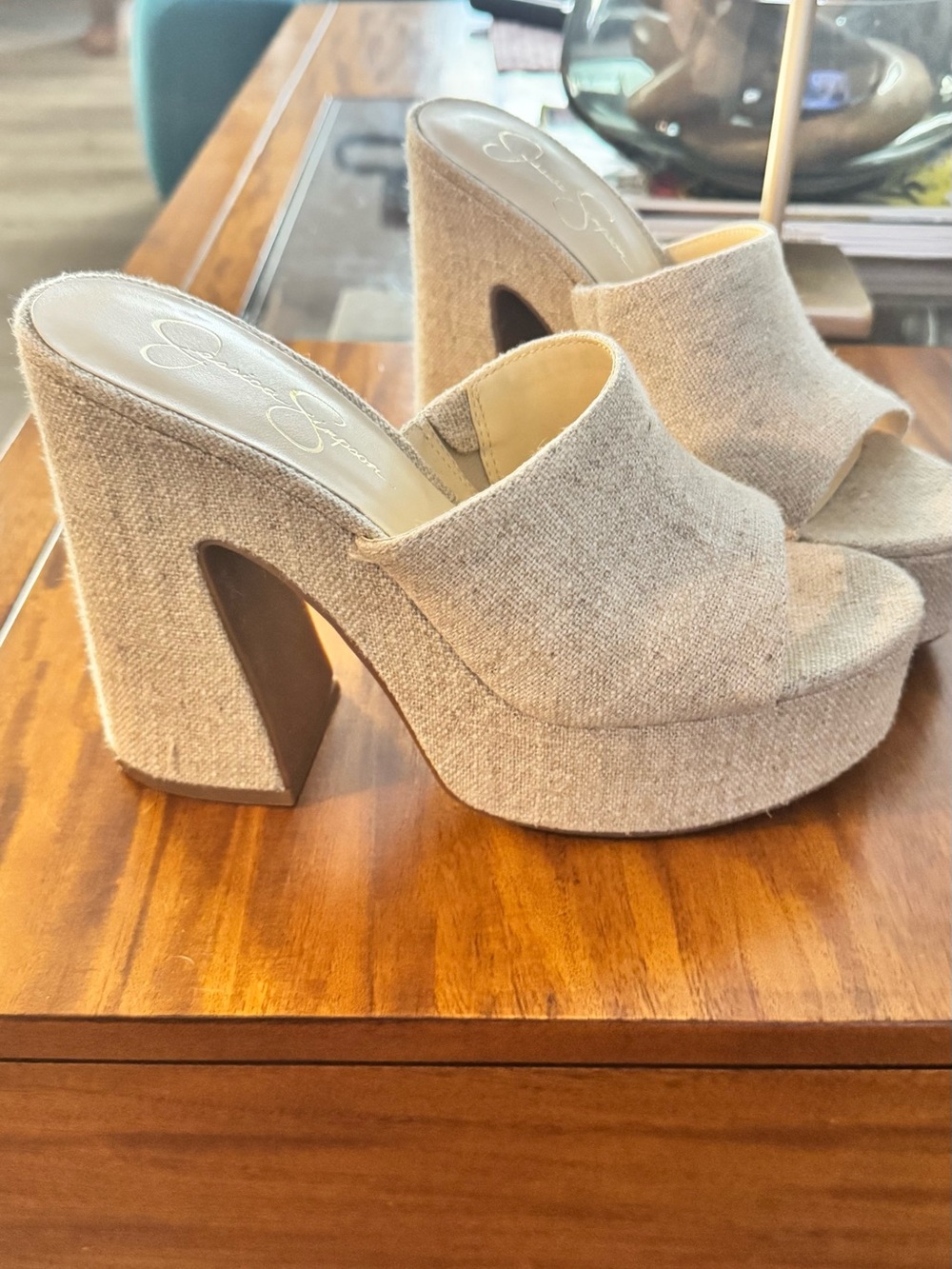 Jessica Simpson Neutral Beige Linen Platform Mule Heels